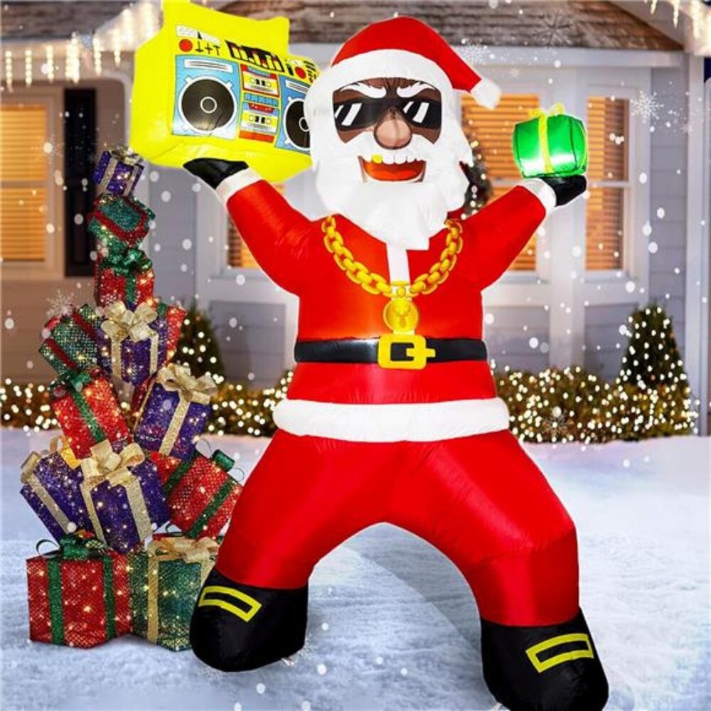 6FT Black Santa Blow up Yard Decoration with Gift Box and Speaker LED Lights
